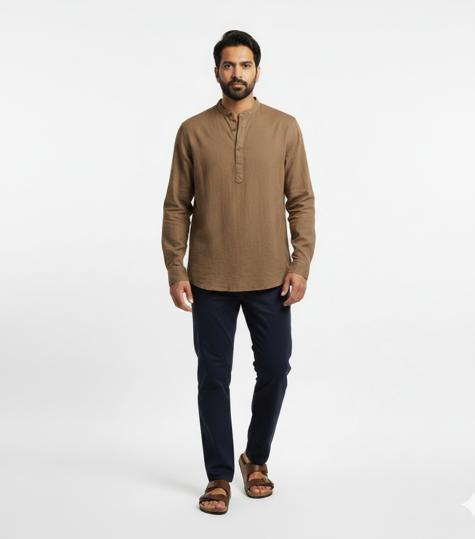 Tan Band Collar Shirt & Navy Trousers