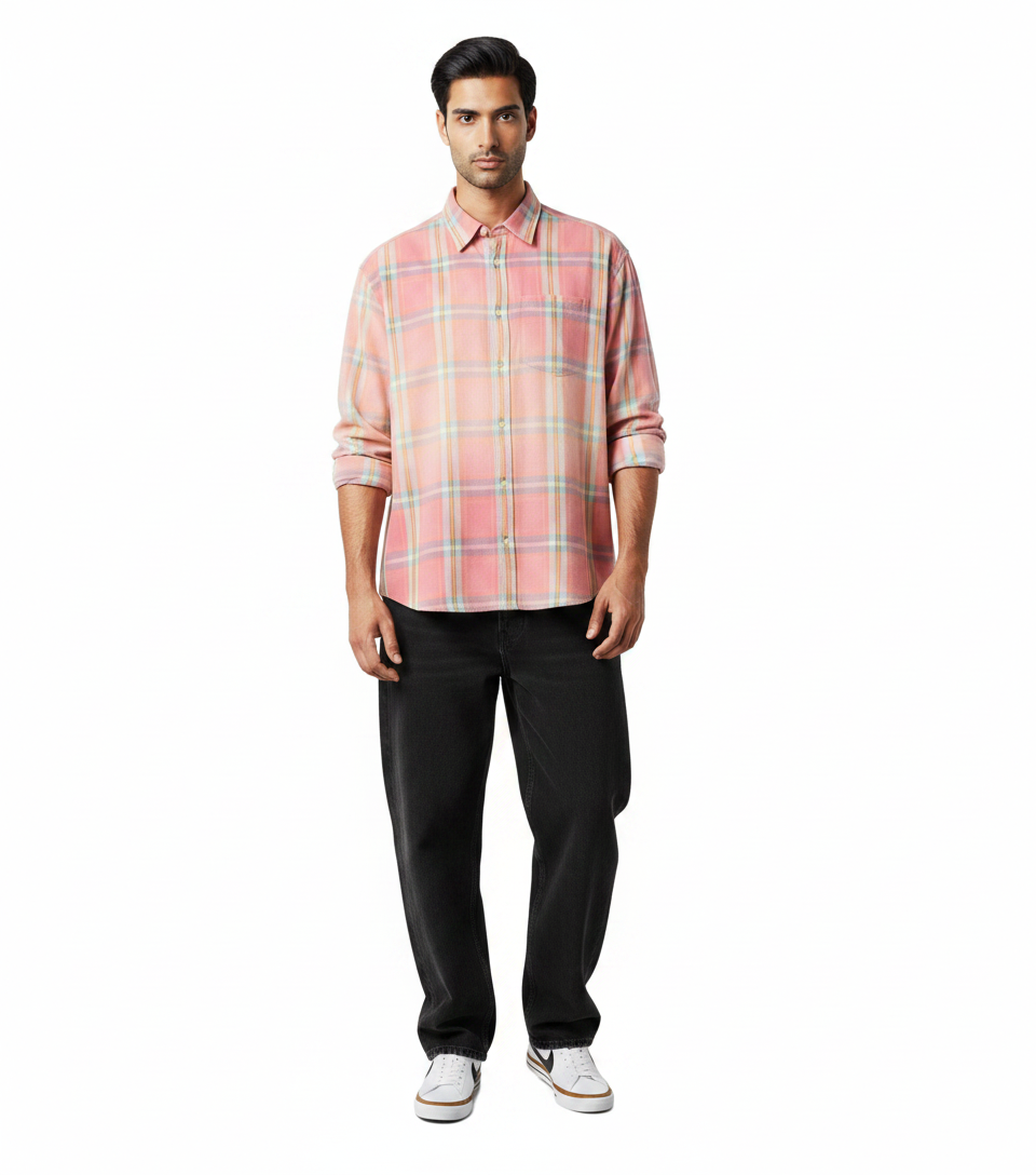 Pink Plaid Button-Down & Relaxed Black Jeans