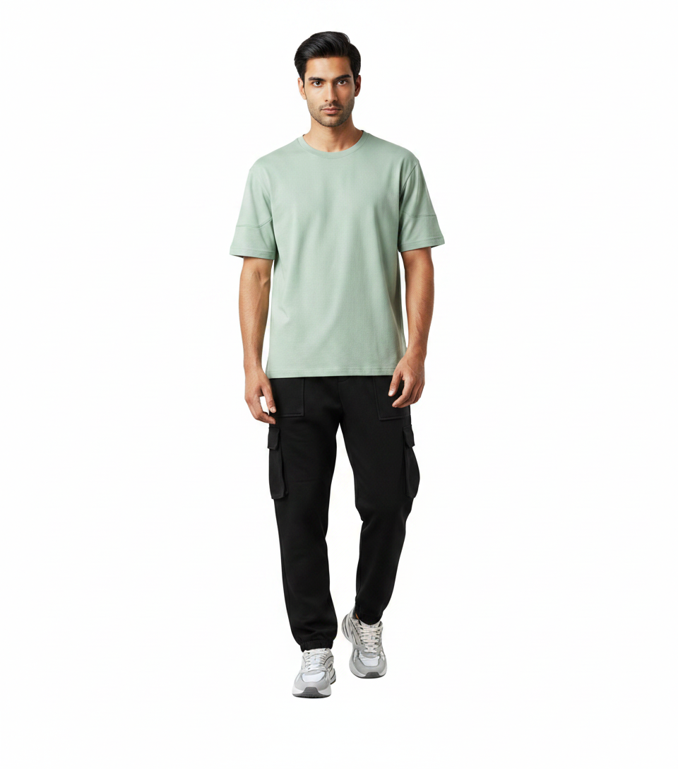 Mint Green T-Shirt & Black Cargo Joggers