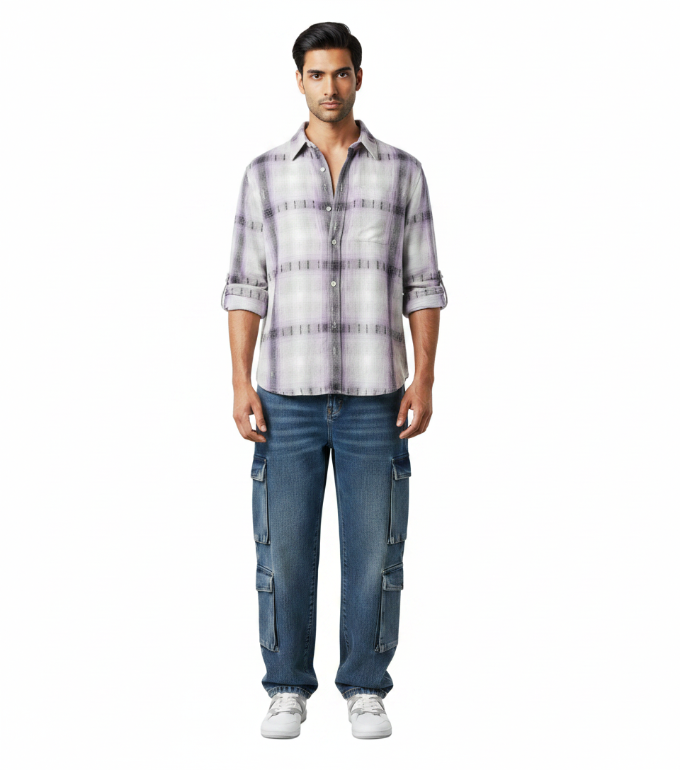 Lavender Plaid Shirt with Cargo Jeans