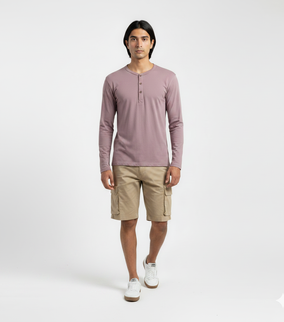 Mauve Henley & Khaki Cargo Shorts