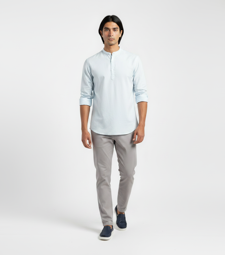 Light Blue Band Collar Popover & Grey Trousers