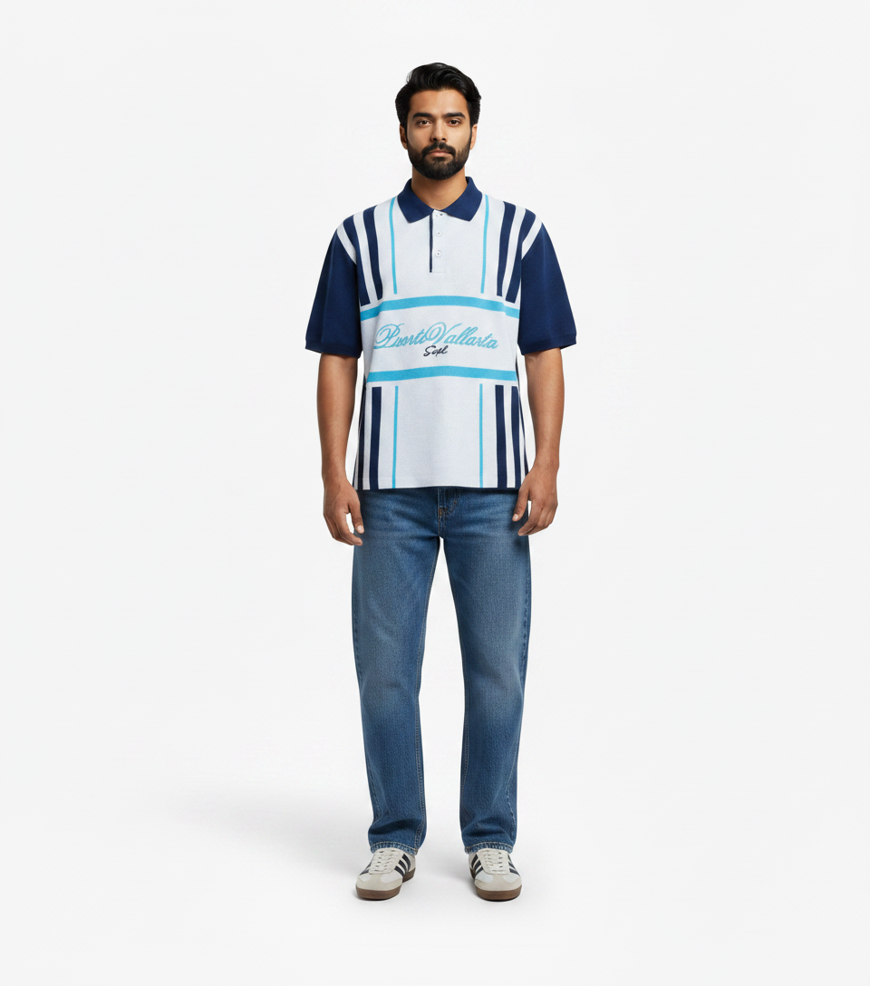 Retro Graphic Polo & Medium Wash Jeans