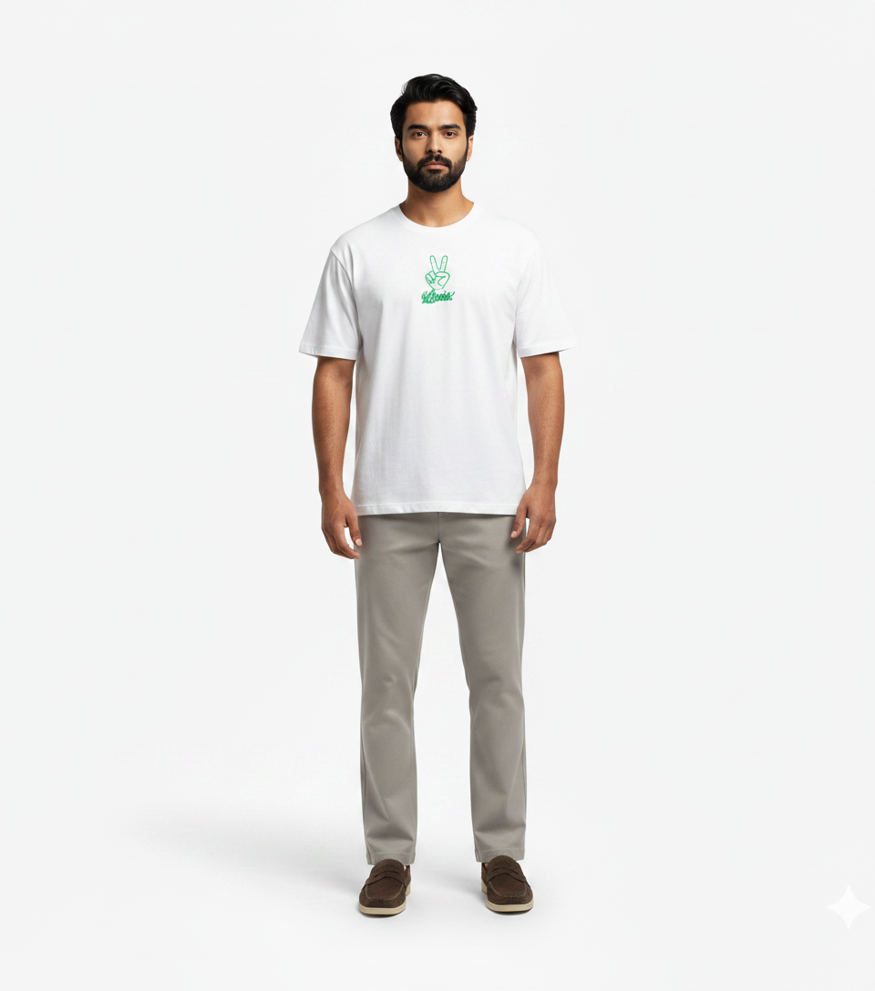 White Peace Graphic T-Shirt & Grey Trousers
