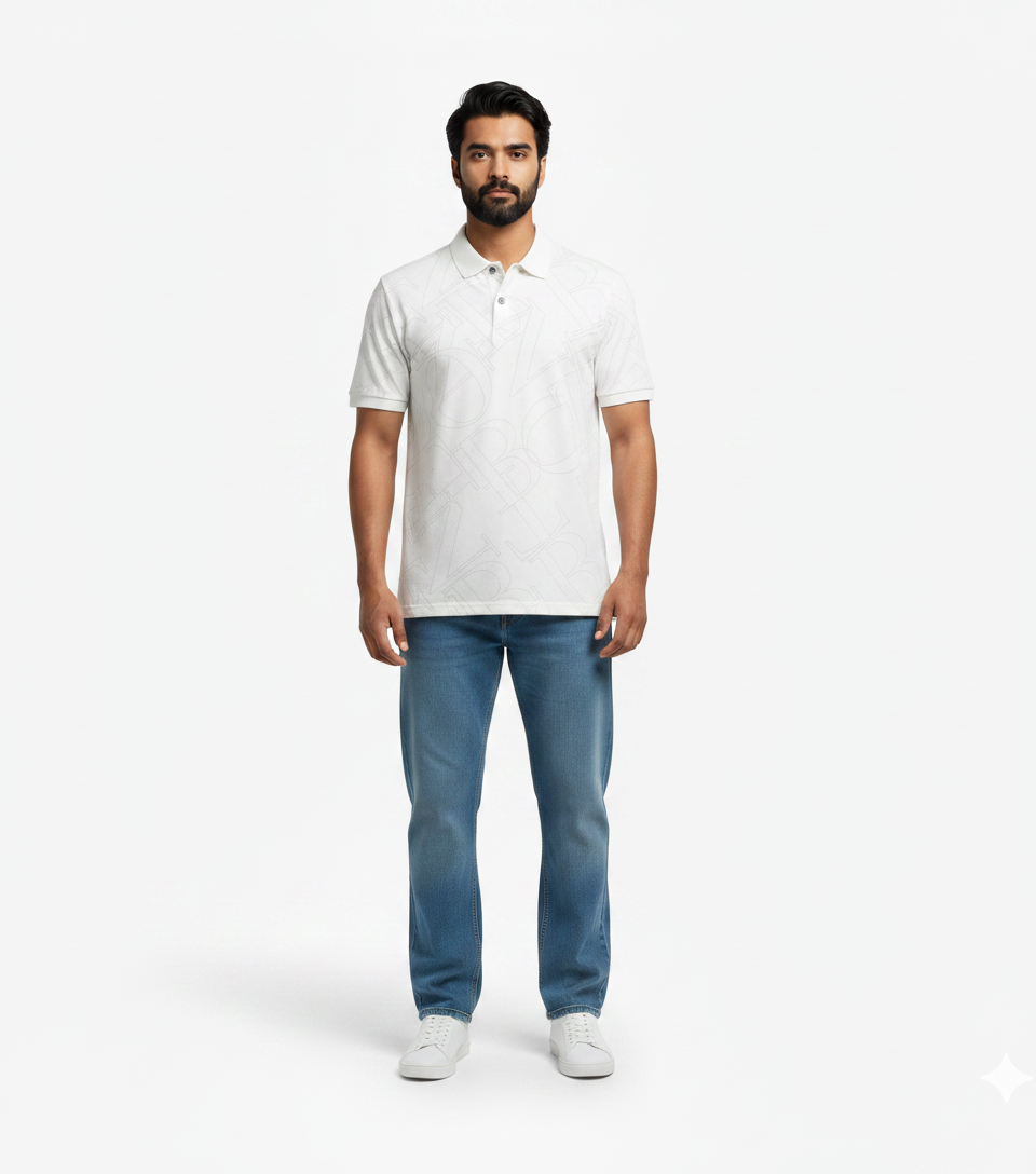 White Patterned Polo & Mid-Wash Jeans