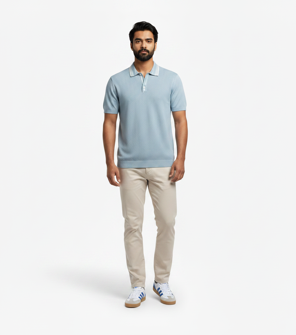 Light Blue Knit Polo & Cream Chinos