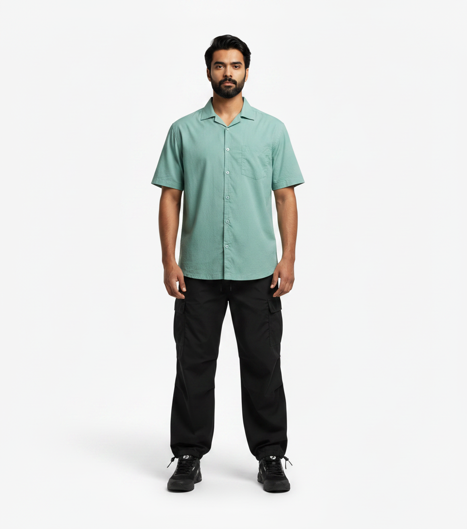 Mint Green Camp Collar Shirt & Black Cargo Pants