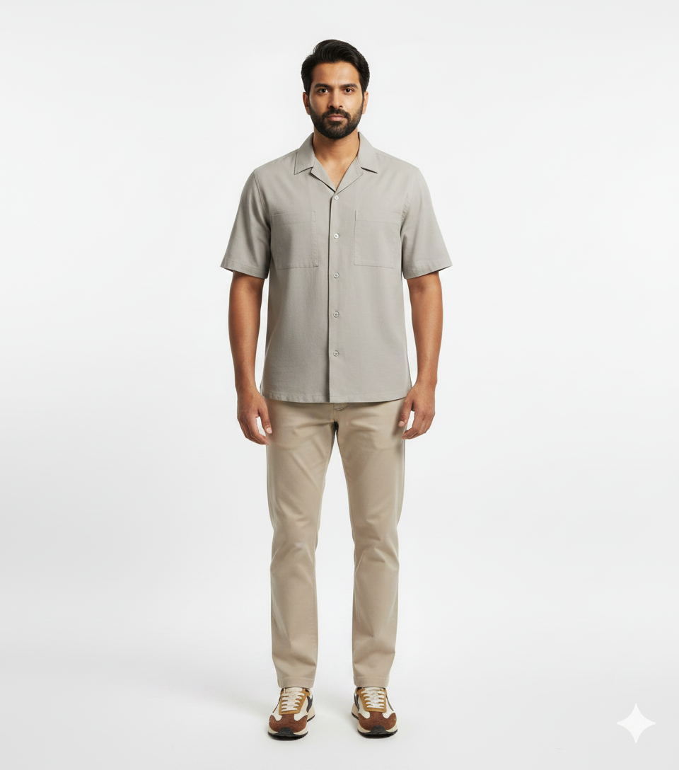 Light Grey Camp Collar Shirt & Khaki Trousers