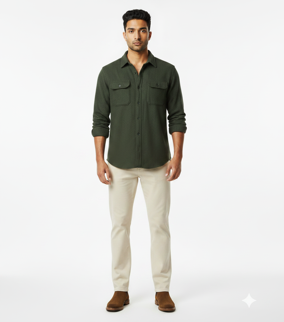 Dark Olive Overshirt & Cream Trousers