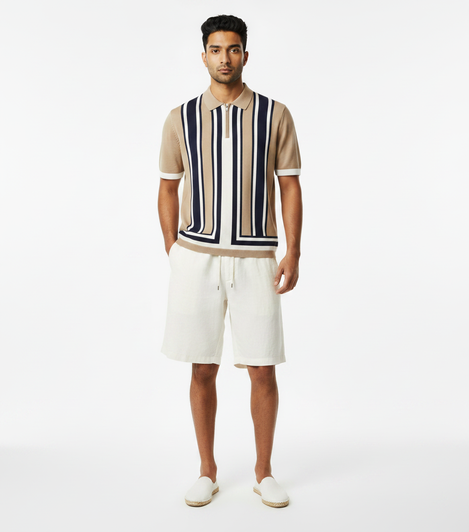 Striped Knit Zip Polo & White Linen Shorts