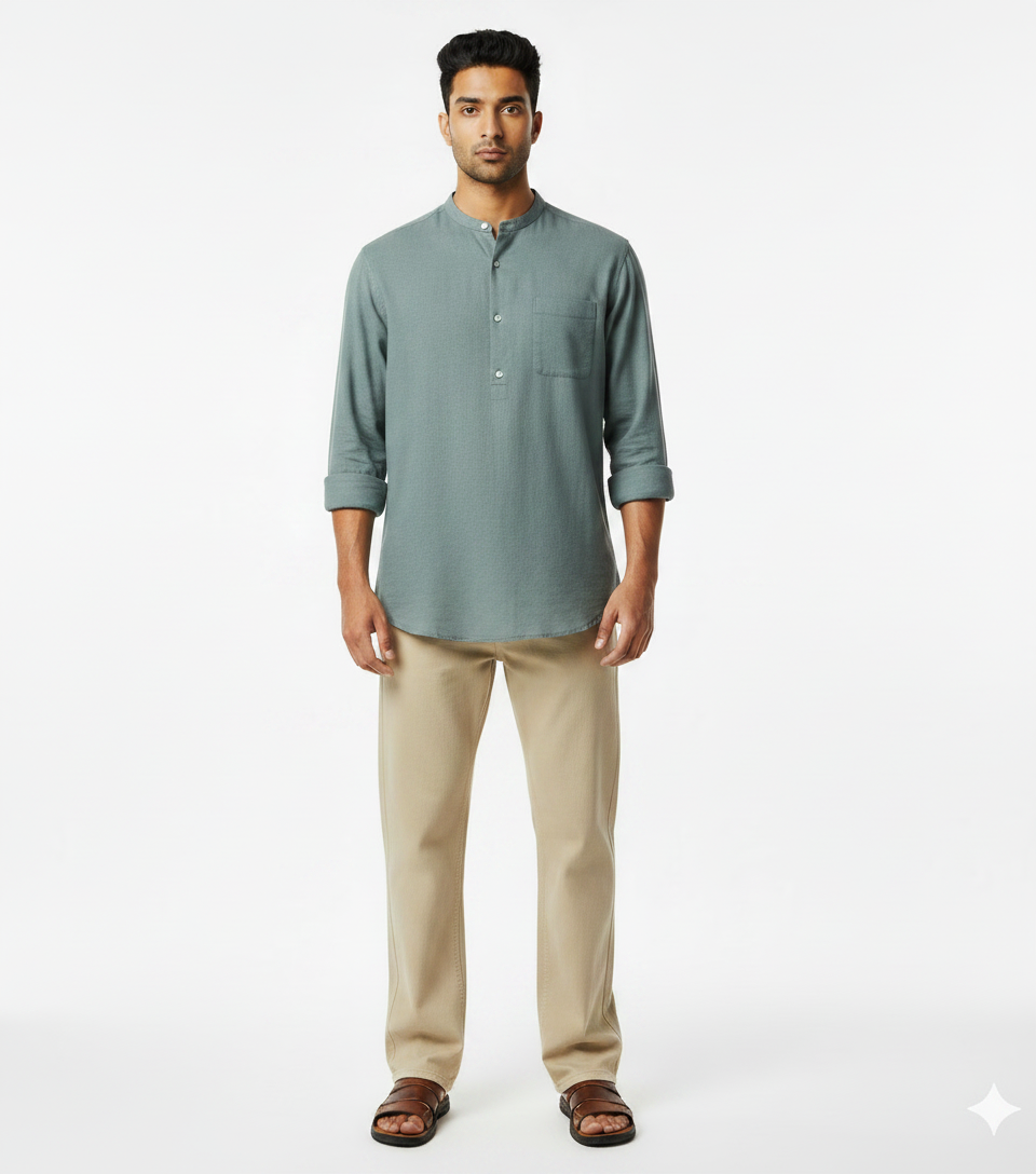 Dusty Teal Band Collar Popover & Khaki Trousers
