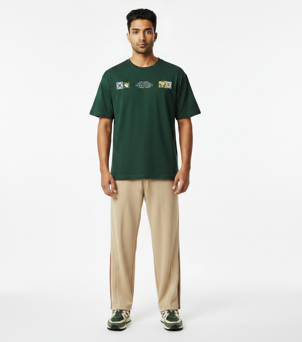 Dark Green Graphic T-Shirt & Tan Track Pants