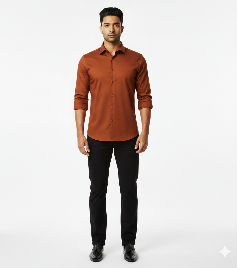 Rust Button-Down Shirt & Black Trousers