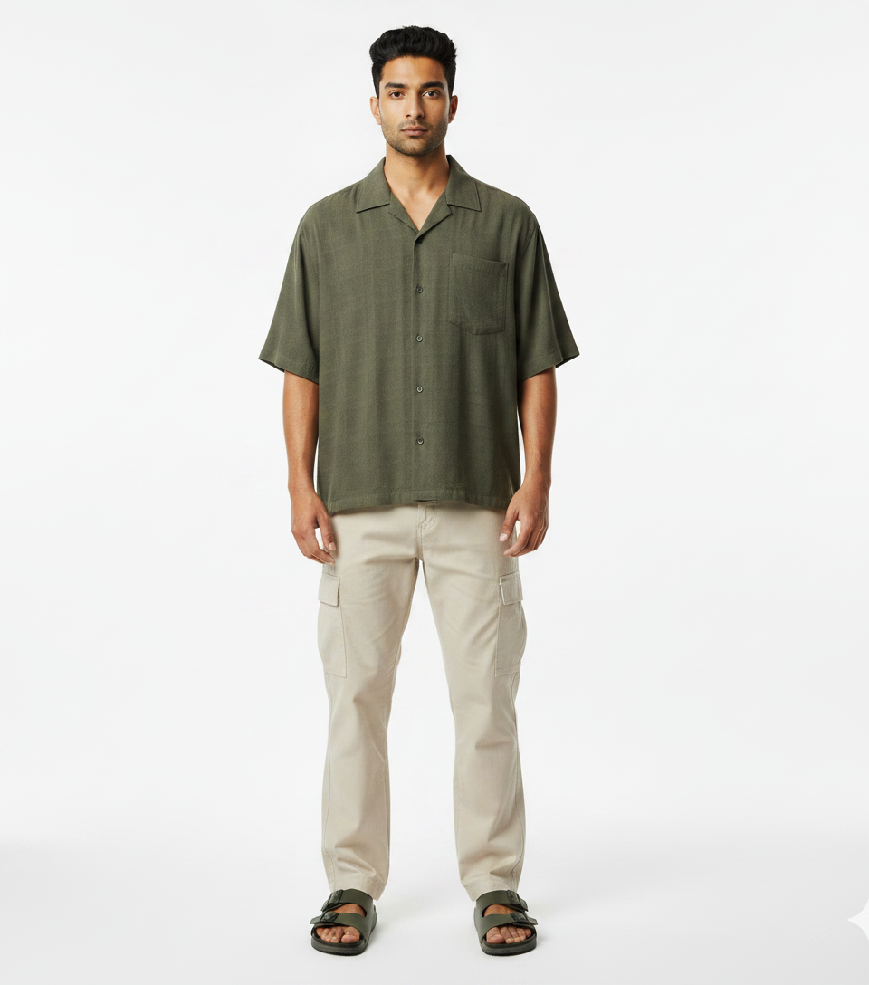 Olive Cuban Collar Shirt with Beige Cargo Pants