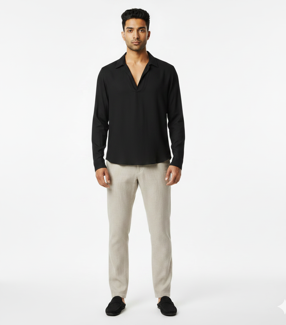 Black Long Sleeve V-Neck Shirt with Light Grey Trousers