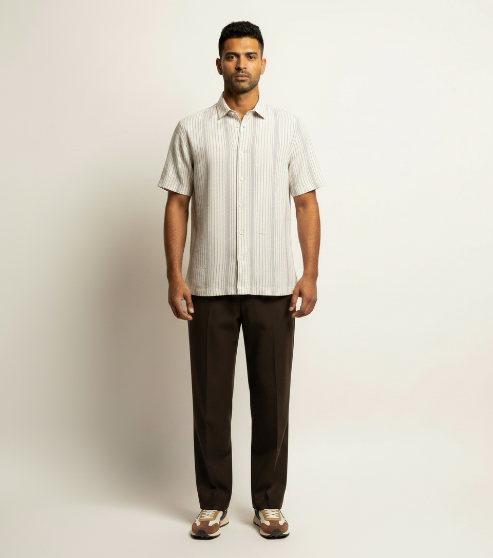 Beige Striped Short-Sleeve Shirt & Dark Brown Trousers