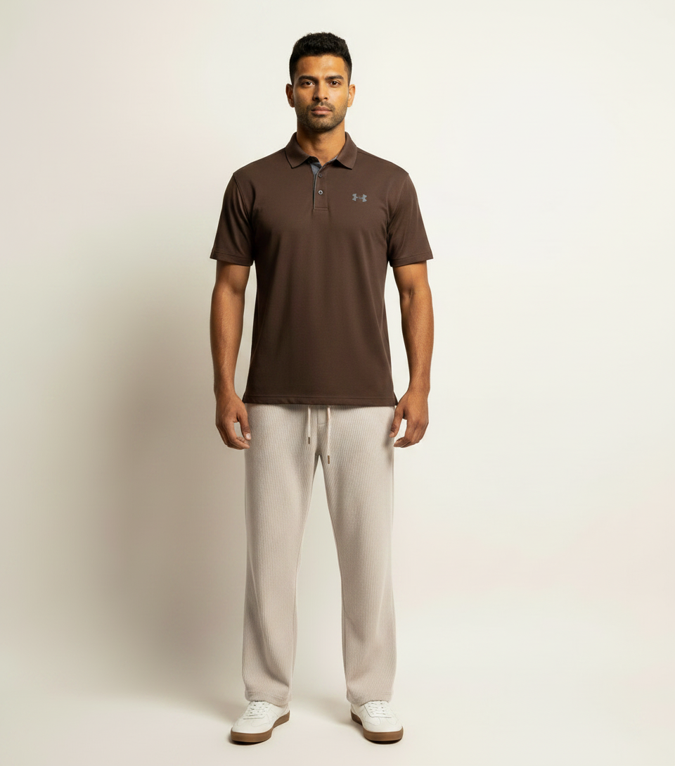 Brown Polo & Beige Textured Sweatpants