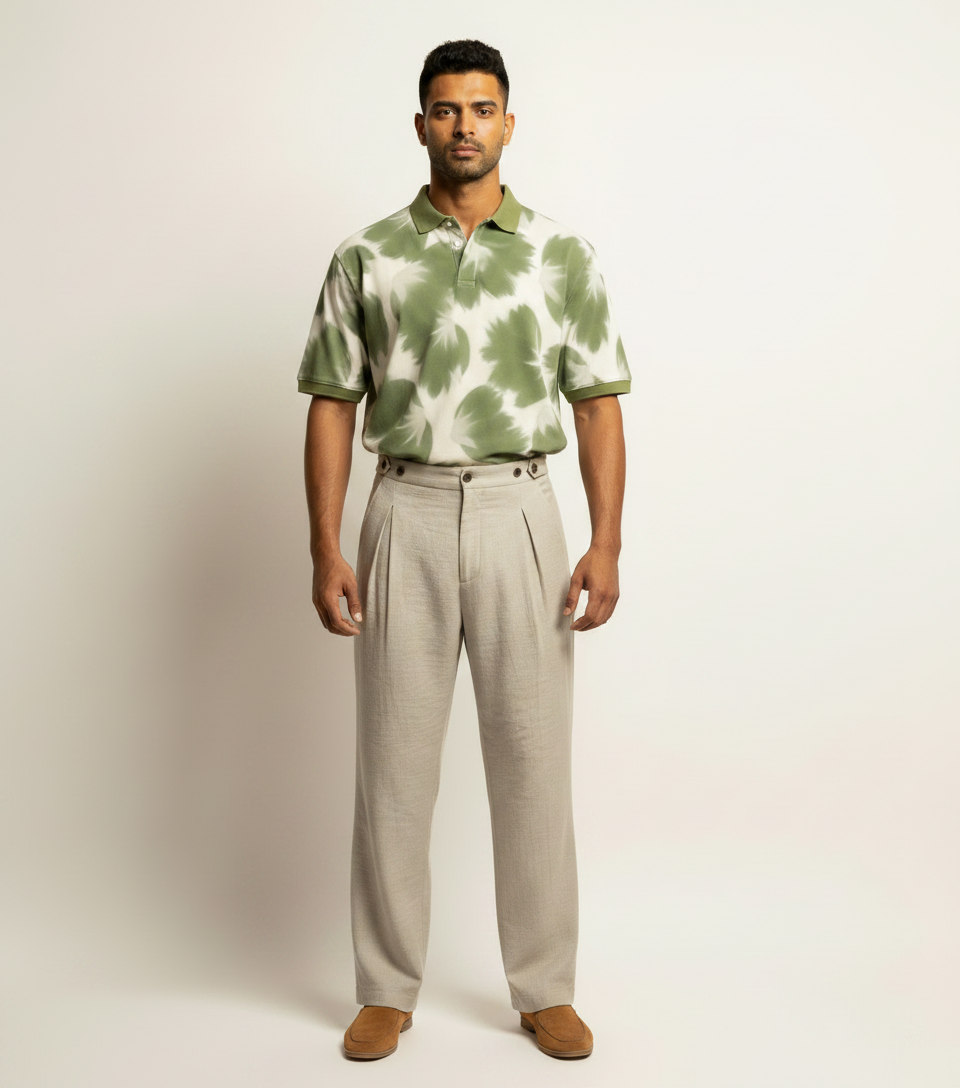 Green Tie-Dye Polo & Pleated Beige Trousers