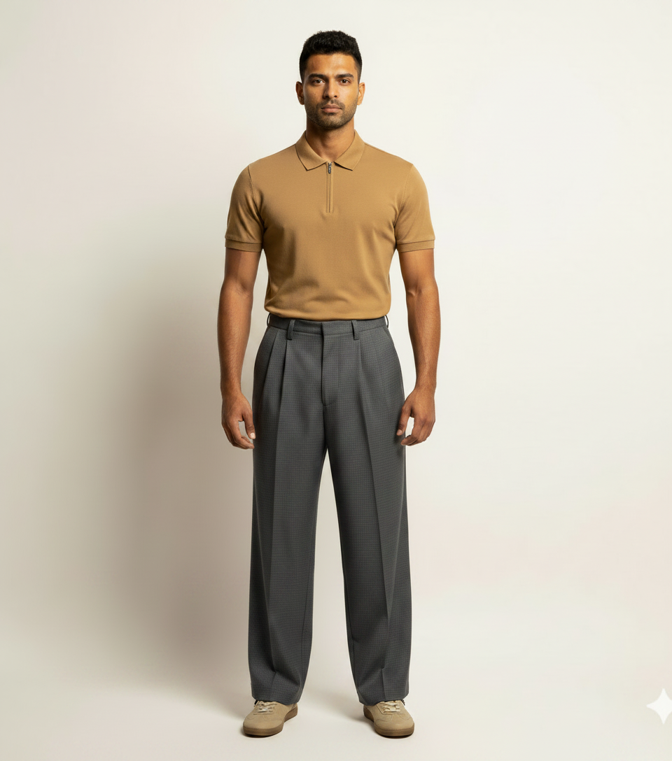 Camel Zip Polo & Grey Pleated Trousers
