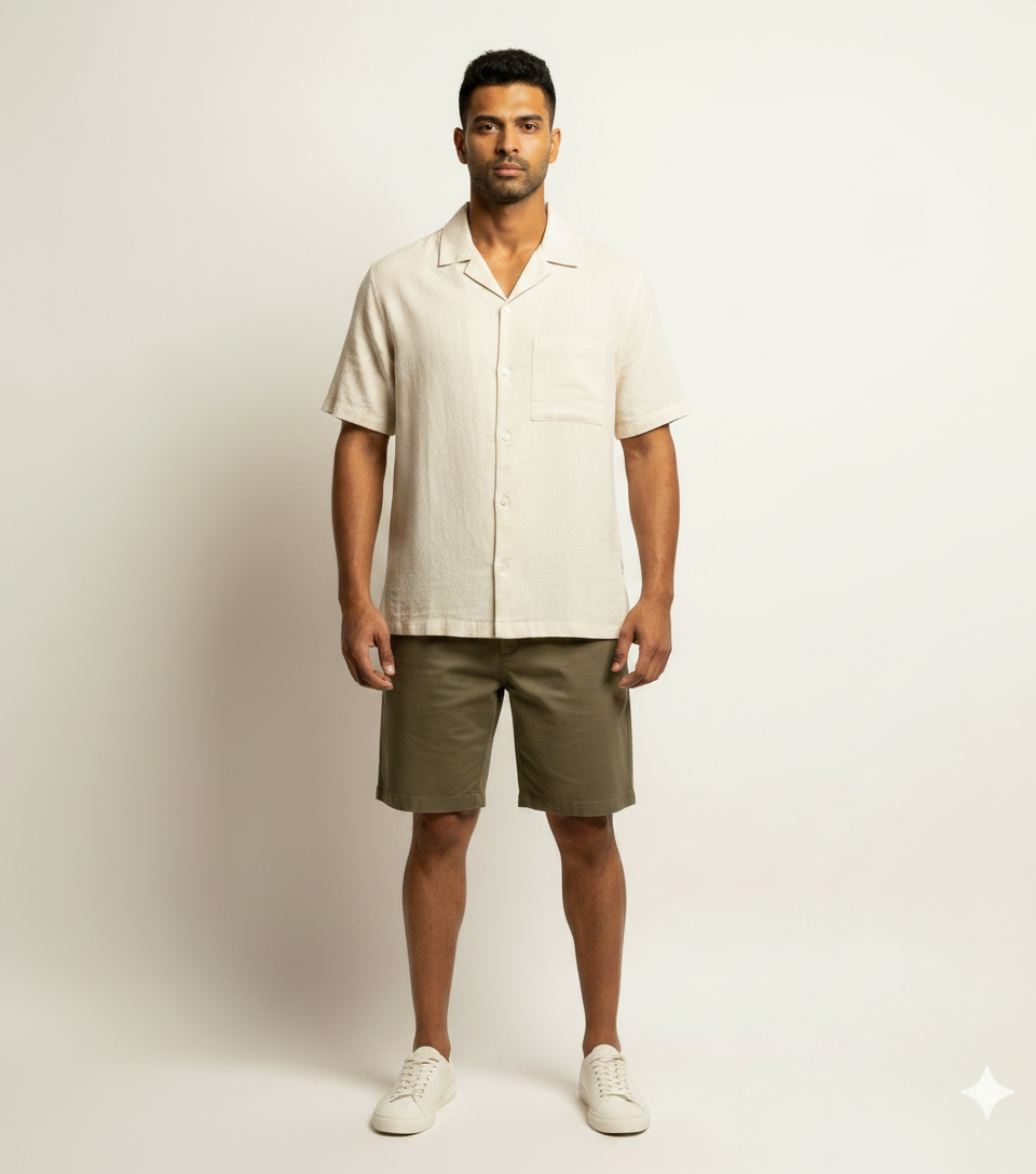 Beige Camp Collar Shirt & Olive Shorts