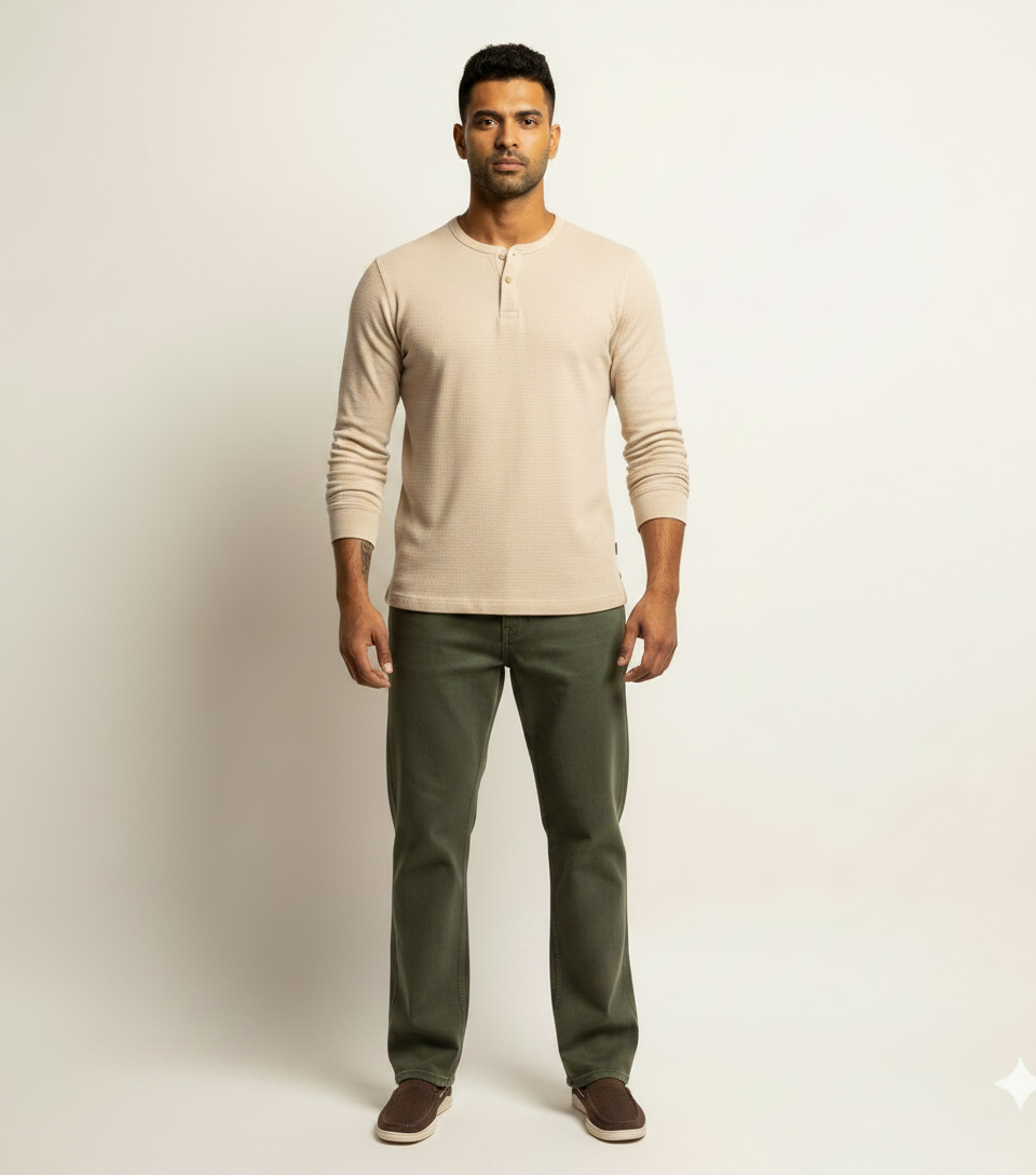 Beige Long-Sleeve Henley & Olive Trousers