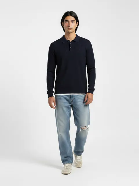 Navy Ribbed Long-Sleeve Polo & Light Wash Jeans