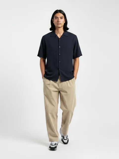 Navy Camp Collar Shirt & Khaki Corduroy Trousers