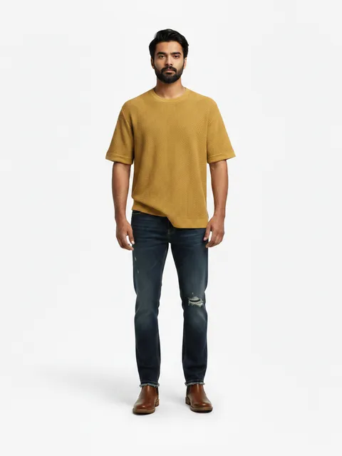 Mustard Textured Knit T-Shirt & Dark Wash Distressed Jeans