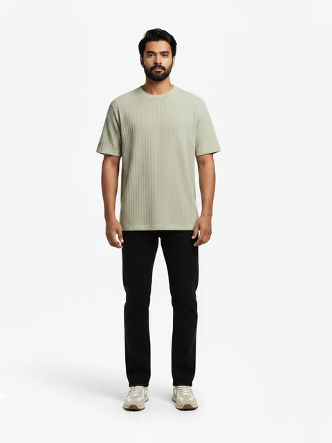 Light Sage Green Ribbed T-Shirt & Black Jeans