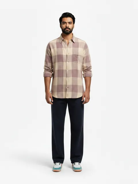 Mauve & Beige Plaid Shirt & Dark Navy Trousers