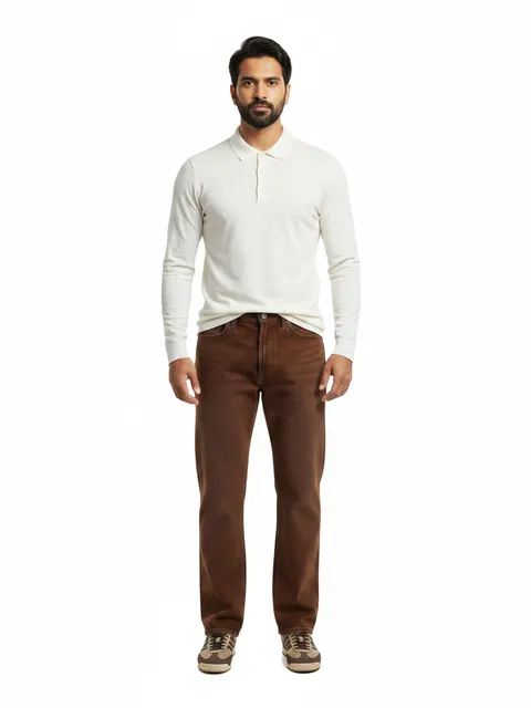 Cream Long-Sleeve Polo & Brown Jeans