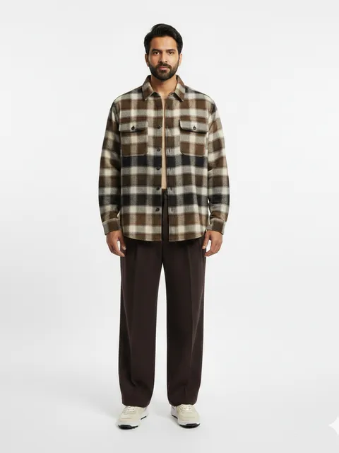 Brown Plaid Flannel & Dark Brown Trousers