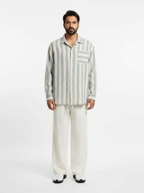 Light Blue & Cream Striped Shirt & Cream Drawstring Trousers