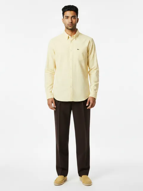 Pale Yellow Oxford Shirt & Dark Brown Trousers