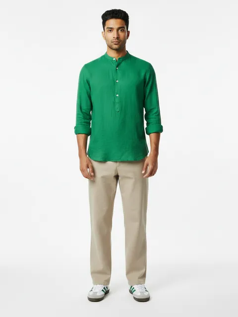 Green Band Collar Linen Shirt & Khaki Chinos