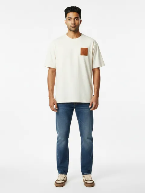 Cream Leather Patch T-Shirt & Medium Wash Jeans