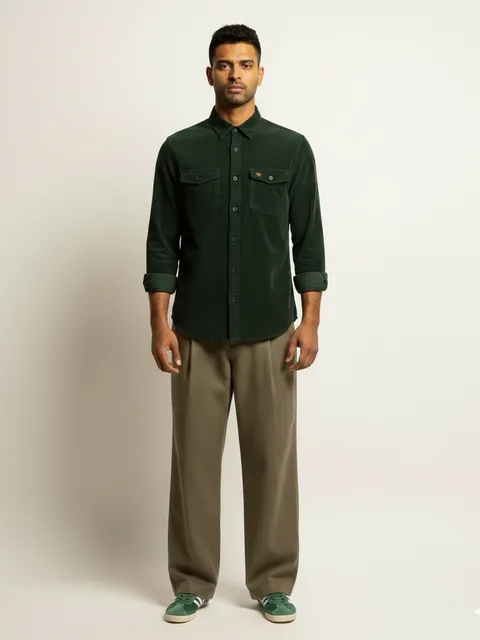 Dark Green Corduroy Shirt & Taupe Pleated Trousers