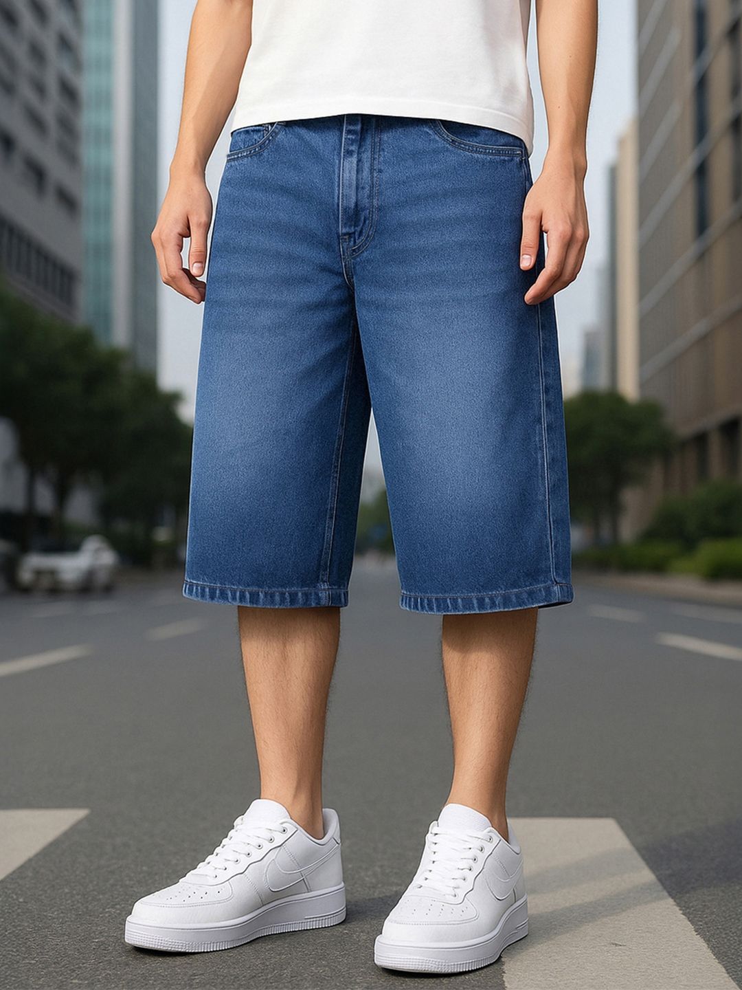 Men Blue Washed Baggy Fit Shorts